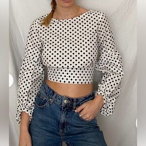 ZARA Polka Dot Cotton Crop Top White Black Tie Back Puff Sleeve Blouse Small